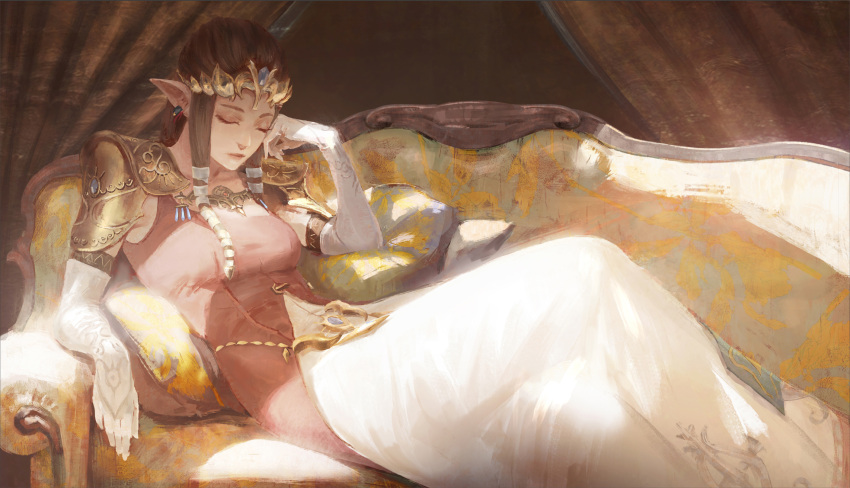 1girl blonde_hair breasts closed_eyes closed_mouth couch curtains day dress gloves hand_on_own_face highres indoors long_hair lying minami_cha on_back princess_zelda sleeping small_breasts solo sunlight the_legend_of_zelda the_legend_of_zelda:_twilight_princess