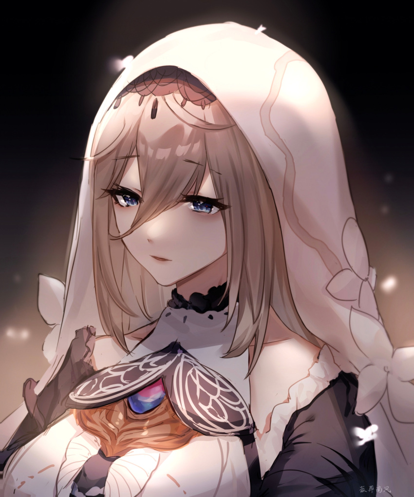 1girl absurdres aponia_(honkai_impact) artist_name blue_eyes brown_hair chinese_commentary commentary_request eyebrows_visible_through_hair guzangnanfeng habit hair_between_eyes highres honkai_(series) honkai_impact_3rd long_hair nun parted_lips robe solo white_veil