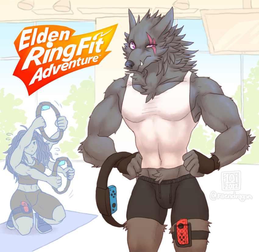 1boy 1girl alternate_costume bike_shorts blaidd_the_half-wolf elden_ring english_commentary extra_arms furry furry_male hands_on_hips highres indoors logo_parody raendragon ranni_the_witch ring_fit_adventure tank_top twitter_username white_tank_top