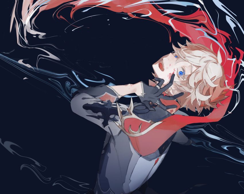 1boy bangs black_background blood blood_on_face blue_eyes earrings genshin_impact hair_between_eyes highres jacket jewelry looking_at_viewer male_focus open_mouth platinum_blonde_hair red_scarf scarf simple_background single_earring solo sosya_ku tartaglia_(genshin_impact) upper_body water