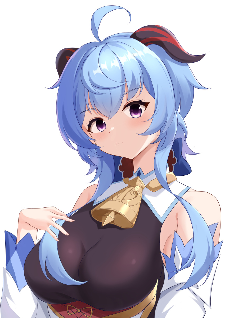 1girl absurdres ahoge bangs bare_shoulders bell blue_hair blush bow breasts detached_sleeves eyebrows_visible_through_hair ganyu_(genshin_impact) genshin_impact hand_on_own_chest highres horns large_breasts light_smile long_hair looking_at_viewer marin_(pixiv_24323096) neck_bell no_gloves sidelocks solo upper_body violet_eyes white_background white_sleeves