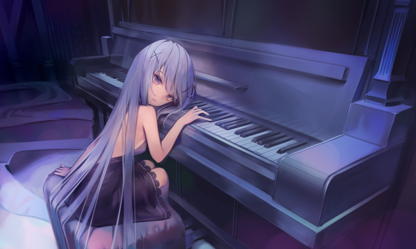 1girl absurdres backless_dress backless_outfit bangs black_dress breasts bright_pupils closed_mouth dress eyebrows_visible_through_hair from_behind hair_ornament highres indoors instrument kiran_(kirarin2k) lace-trimmed_dress lace_trim long_hair looking_at_viewer looking_back original piano purple_hair sitting small_breasts solo very_long_hair violet_eyes x_hair_ornament