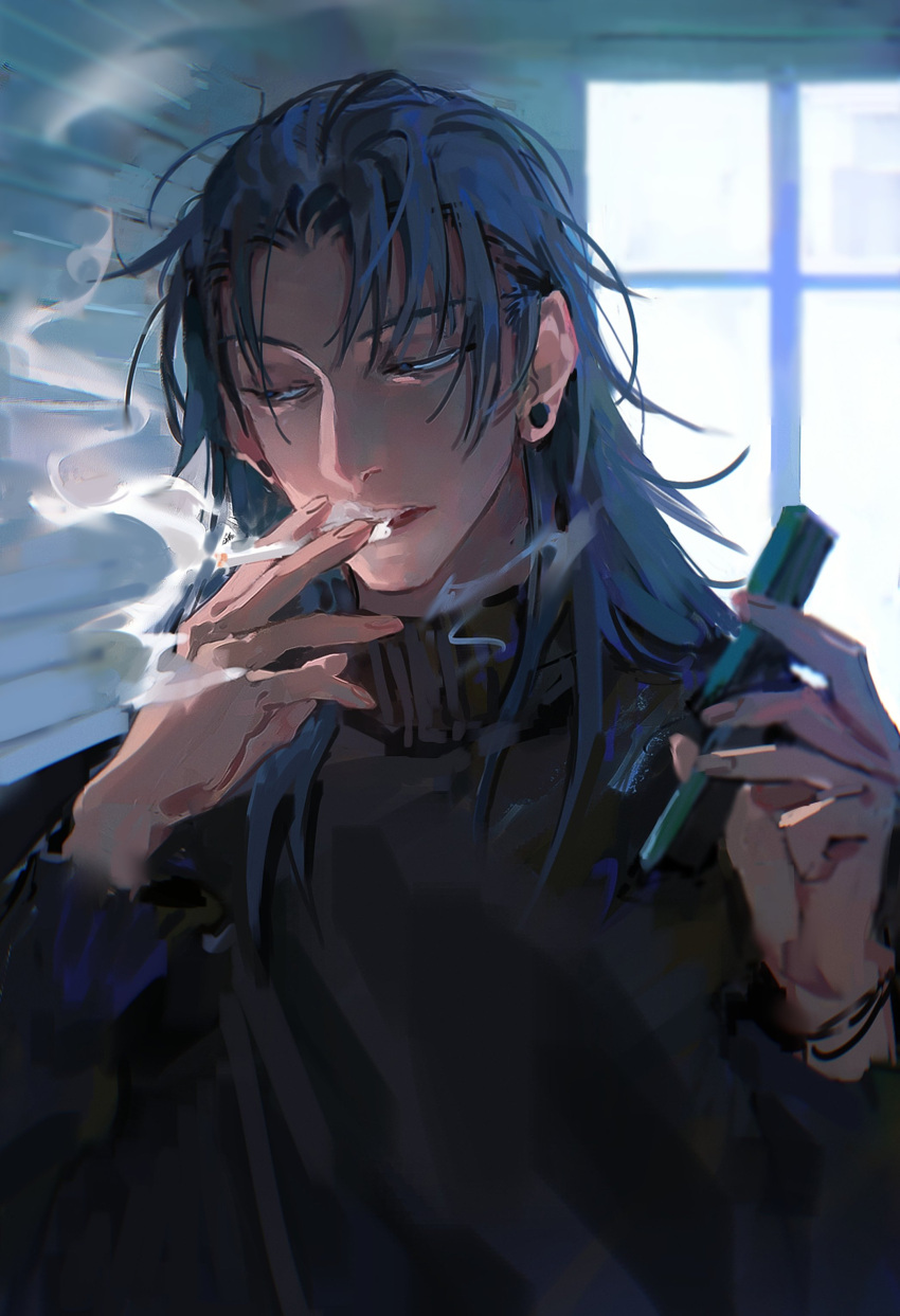 1boy absurdres bangs black_eyes black_hair black_sweater cigarette commentary_request getou_suguru half-closed_eyes highres holding holding_cigarette jujutsu_kaisen long_hair long_sleeves male_focus mouth_hold parted_bangs piercing plug_(piercing) sally_chang smoke smoking solo sweater turtleneck turtleneck_sweater upper_body window