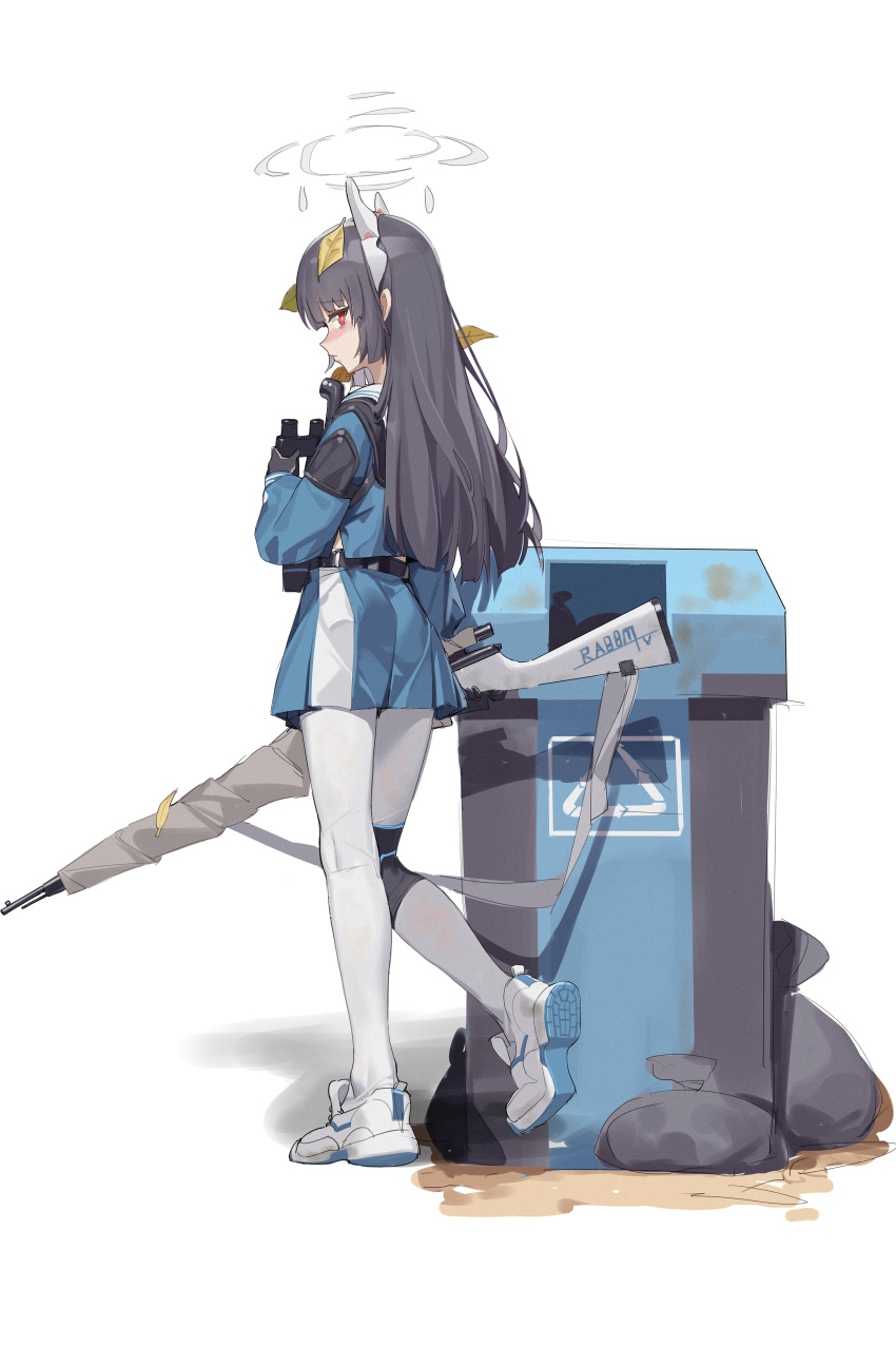 1girl absurdres animal_ears arrow_(symbol) binoculars black_gloves black_hair blue_archive blue_serafuku blue_skirt blush bolt_action bright_pupils closed_mouth commentary dirty fake_animal_ears flashlight foot_up from_behind from_below from_side full_body gloves gun halo highres hime_cut holding holding_binoculars holding_gun holding_weapon knee_pads leaf leaf_on_head long_hair long_sleeves looking_at_viewer looking_back miyu_(blue_archive) mosin-nagant pantyhose rabbit_ears recycling_symbol red_eyes rifle sailor_collar school_uniform serafuku shadow shoes simple_background skirt sneakers solo standing trash trash_bag trash_can two-tone_skirt weapon white_background white_footwear white_legwear white_pupils white_sailor_collar white_skirt zhimalin_da