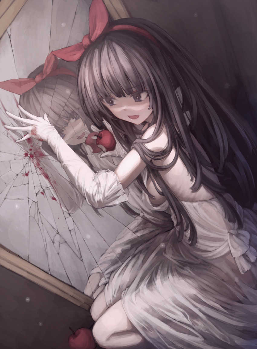 1girl apple bare_shoulders bleeding blood blood_on_clothes blood_on_gloves bow broken broken_mirror brown_hair dress eyebrows_visible_through_hair food fruit gloves hair_bow highres holding holding_food holding_fruit kneeling long_hair mirror open_mouth original osabachan pink_pupils reflection see-through see-through_silhouette silhouette smile solo violet_eyes white_dress white_gloves
