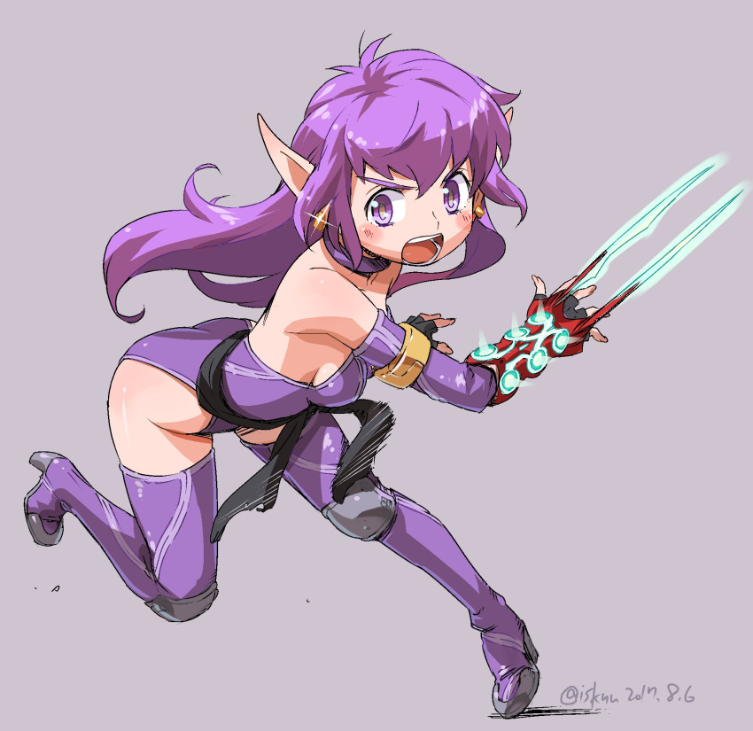 1girl bare_shoulders breasts choker elbow_gloves fingerless_gloves full_body gloves highres isedaichi_ken leotard long_hair looking_at_viewer nei open_mouth phantasy_star phantasy_star_ii pointy_ears purple_hair purple_leotard simple_background solo thigh-highs violet_eyes weapon