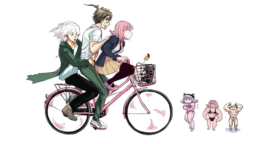 1girl 2boys :d ahoge animal_ears bangs bicycle bikini black_bikini black_jacket black_pants black_shirt brown_skirt collarbone danganronpa_(series) danganronpa_2:_goodbye_despair dress_shirt eyebrows_visible_through_hair fake_animal_ears flipped_hair from_side green_jacket green_pants ground_vehicle hand_under_clothes hand_under_shirt highres hinata_hajime jacket komaeda_nagito medium_hair midori_(310ri_21) monokuma multiple_boys multiple_views muscular muscular_female nanami_chiaki open_clothes open_jacket open_mouth pants pink_hair pleated_skirt shirt skirt smile surprised sweat swimsuit thigh-highs white_hair white_shirt