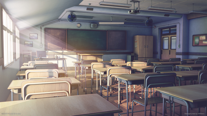 artist_name board cabinet ceiling_light chair chalkboard classroom clock computer desk electric_fan highres indoors mb0sco mixed-language_commentary monitor no_humans original scenery school school_chair school_desk shadow watermark