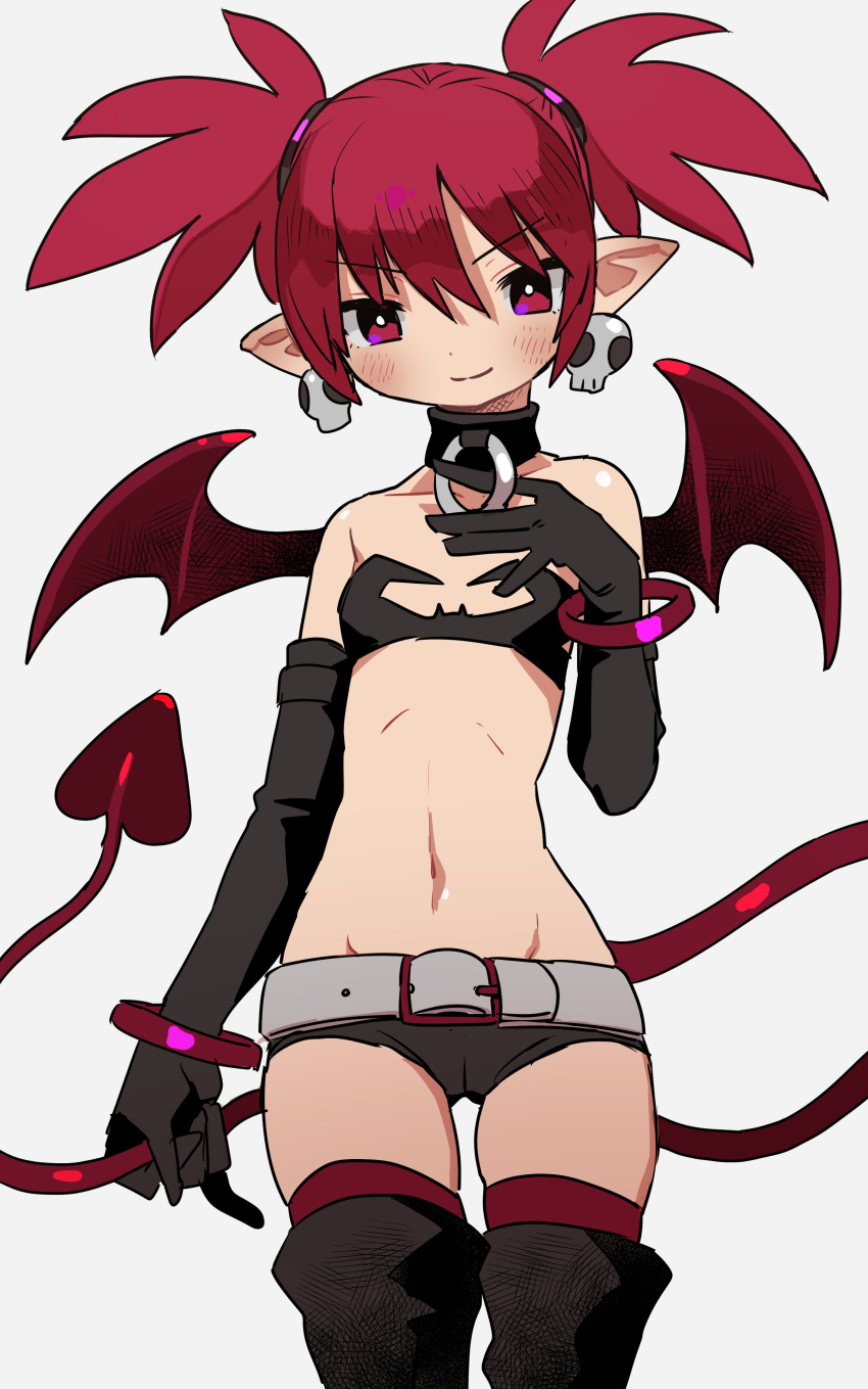 1girl absurdres bat_wings choker closed_mouth demon_girl demon_tail demon_wings disgaea earrings elbow_gloves etna flat_chest gloves highres jewelry looking_at_viewer medium_hair navel pointy_ears red_eyes redhead simple_background skirt skull_earrings smile solo tail thigh-highs twintails wings zinbei