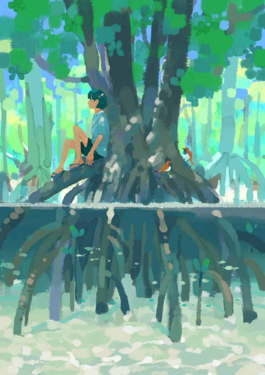 1girl absurdres bird black_hair black_shorts blue_shirt commentary_request day flip-flops forest full_body highres katakai nature original outdoors profile sandals shirt short_hair short_sleeves shorts sitting solo tree water