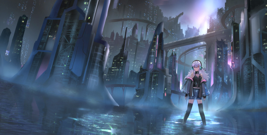 1girl bare_shoulders black_gloves black_jacket black_legwear black_shirt blue_skirt breasts building city commentary_request day denki fingerless_gloves gloves headphones jacket long_hair long_sleeves looking_at_viewer low_twintails off_shoulder open_clothes open_jacket original outdoors red_eyes science_fiction shallow_water shirt silver_hair skirt sleeveless sleeveless_shirt sleeves_past_wrists small_breasts solo standing thigh-highs twintails wading water wide_sleeves