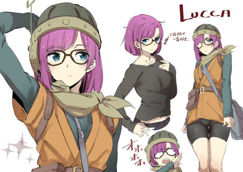 1girl bag belt bike_shorts blue_eyes breasts chrono_trigger closed_mouth glasses helmet looking_at_viewer lucca_ashtear open_mouth purple_hair scarf short_hair simple_background smile solo tetsuya_tashiro white_background