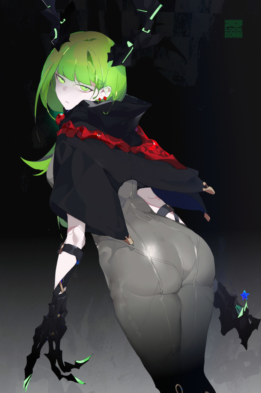 1girl ass black_horns black_rock_shooter black_rock_shooter:_dawn_fall bodysuit claw_(weapon) closed_mouth dead_master earrings green_eyes green_hair grey_bodysuit half-closed_eyes highres horns jewelry long_hair looking_back rai_(97417) sketch skull solo star_(symbol) tight weapon