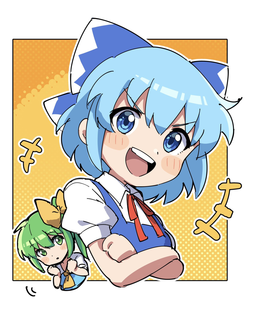 2girls :d ascot blue_bow blue_eyes blue_hair bow cirno collared_shirt cropped_torso crossed_arms daiyousei eyebrows_visible_through_hair green_eyes green_hair hair_bow highres miz_(mizillustration) multiple_girls open_mouth outline outside_border puffy_short_sleeves puffy_sleeves shirt short_hair short_sleeves smile solo_focus touhou v-shaped_eyebrows white_outline white_shirt yellow_ascot yellow_background
