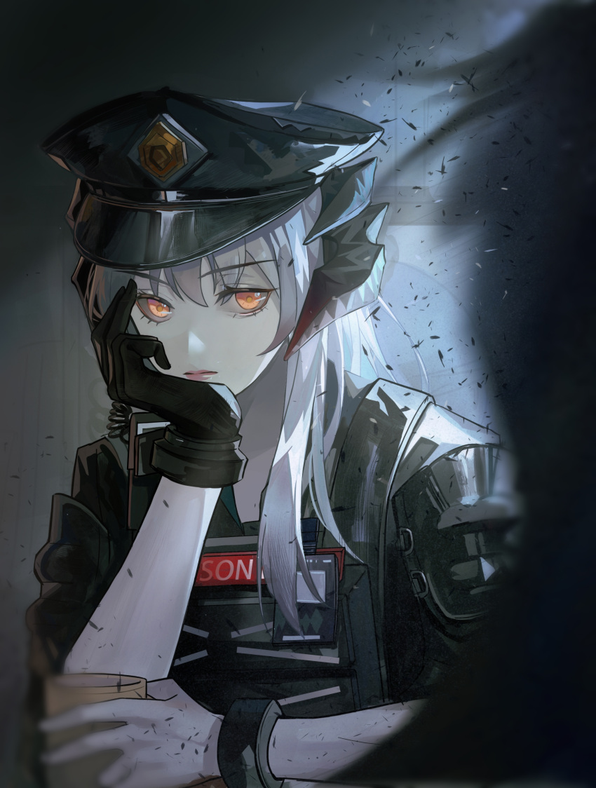 1girl absurdres arknights bangs black_gloves black_headwear blurry blurry_foreground bulletproof_vest closed_mouth cup dragon_horns eyebrows_visible_through_hair gloves hat highres holding holding_cup horns lipstick long_hair looking_at_viewer makeup official_alternate_costume orange_eyes peaked_cap saria_(arknights) saria_(the_law)_(arknights) silver_hair single_glove solo_focus upper_body