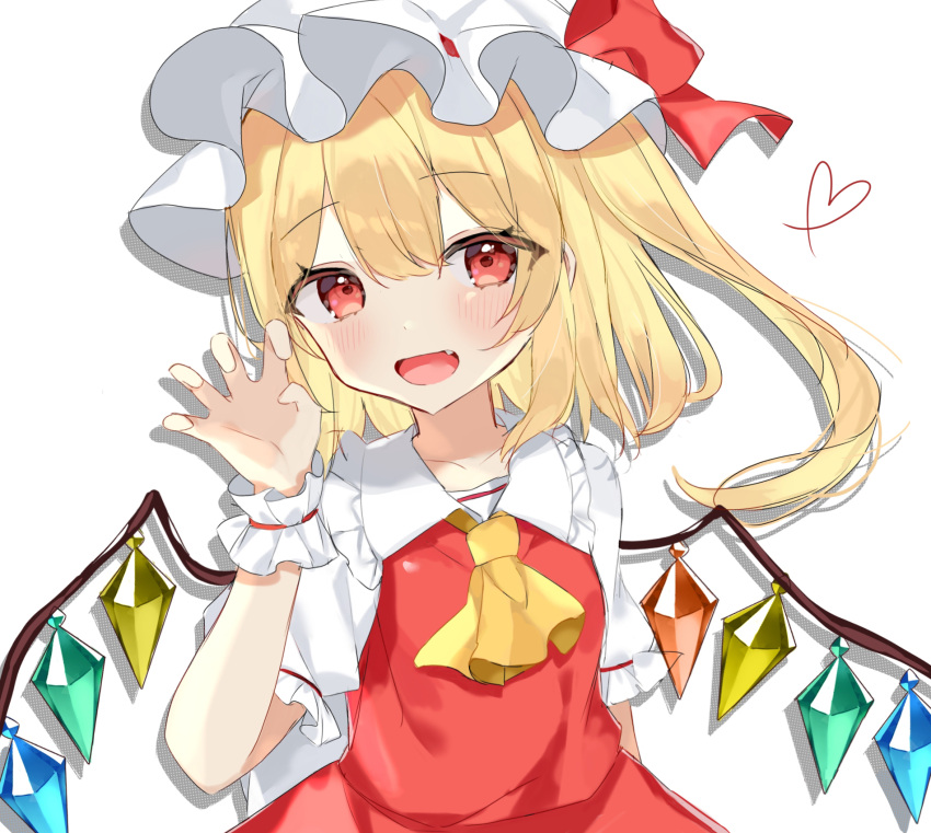 1girl :d ascot bangs blonde_hair blush claw_pose crystal drop_shadow eyebrows_visible_through_hair fang flandre_scarlet frilled_shirt_collar frills hair_between_eyes hand_up hat heart highres long_hair looking_at_viewer mob_cap one_side_up open_mouth puffy_short_sleeves puffy_sleeves red_eyes red_ribbon red_skirt red_vest ribbon shirt short_sleeves simple_background skirt smile solo touhou upper_body vest white_background white_headwear white_shirt wings wrist_cuffs yumeno_ruruka