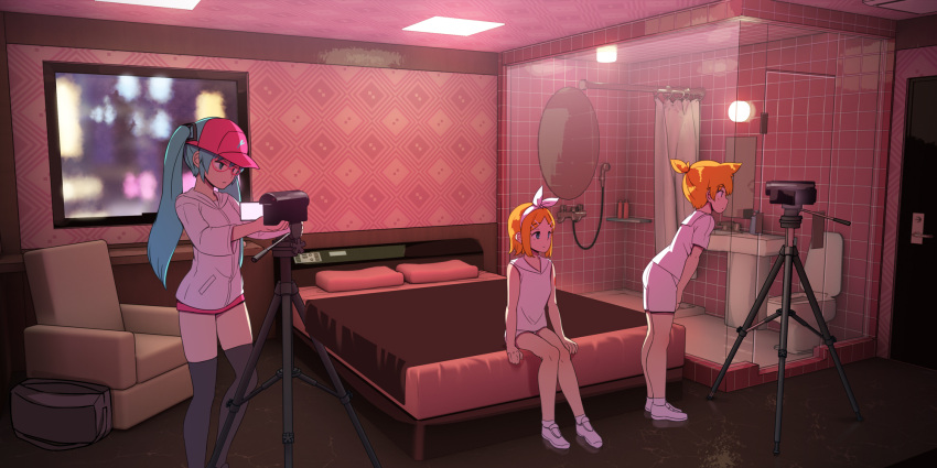 1boy 2girls abubu aqua_hair bed black_legwear blonde_hair brother_and_sister couch hairband hatsune_miku highres kagamine_len kagamine_rin long_hair multiple_girls on_bed short_hair shorts siblings sitting sitting_on_bed skirt standing thigh-highs twintails video_camera vocaloid white_hairband white_shorts white_skirt