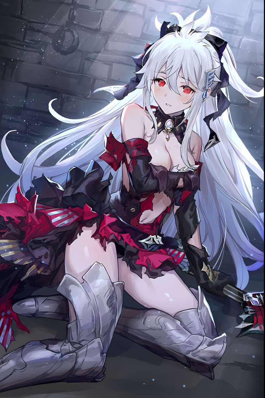 absurdres antares_(evertale) breasts evertale highres large_breasts looking_at_viewer miniskirt navel red_eyes seiza sitting skirt solo sword weapon white_hair