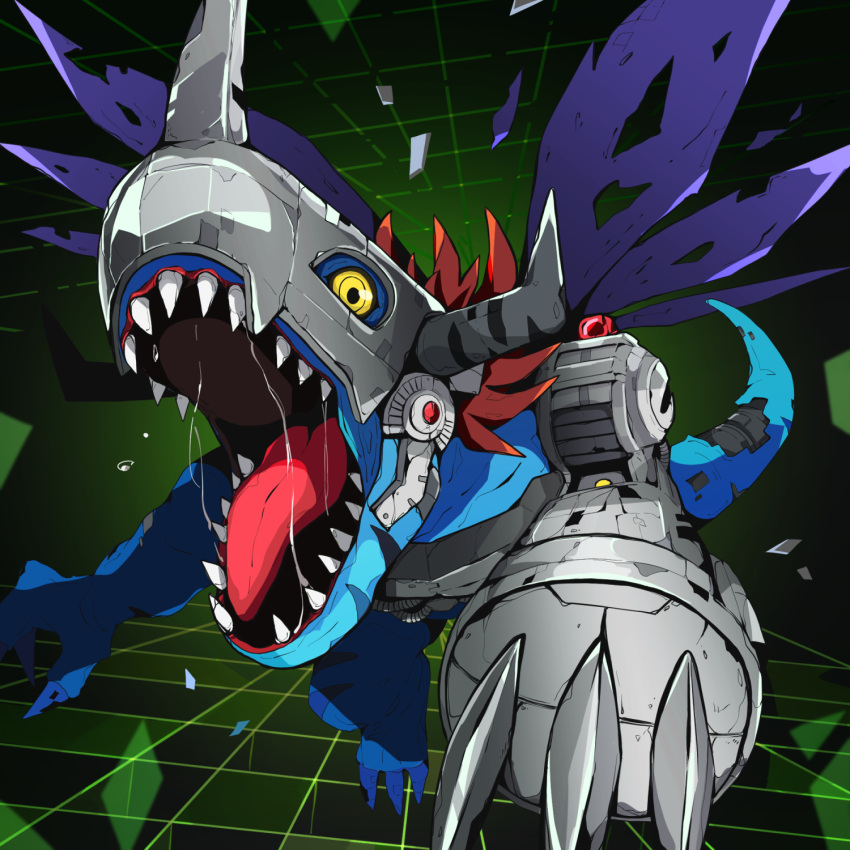 blue_skin brown_hair claws colored_skin commentary_request digimon digimon_(creature) highres horns mechanical_arms metalgreymon monster open_mouth saliva sharp_teeth single_mechanical_arm solo tail taoru_(towtowru) teeth tongue torn_wings wings yellow_eyes