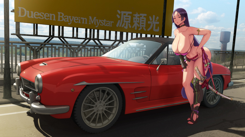 1girl abubu bikini breasts car choker eyepatch_bikini fate/grand_order fate_(series) ground_vehicle high_heels highres katana large_breasts long_hair mercedes-benz mercedes-benz_190sl midriff minamoto_no_raikou_(fate) minamoto_no_raikou_(swimsuit_lancer)_(fate) motor_vehicle navel pink_bikini road shin_guards swimsuit sword very_long_hair weapon