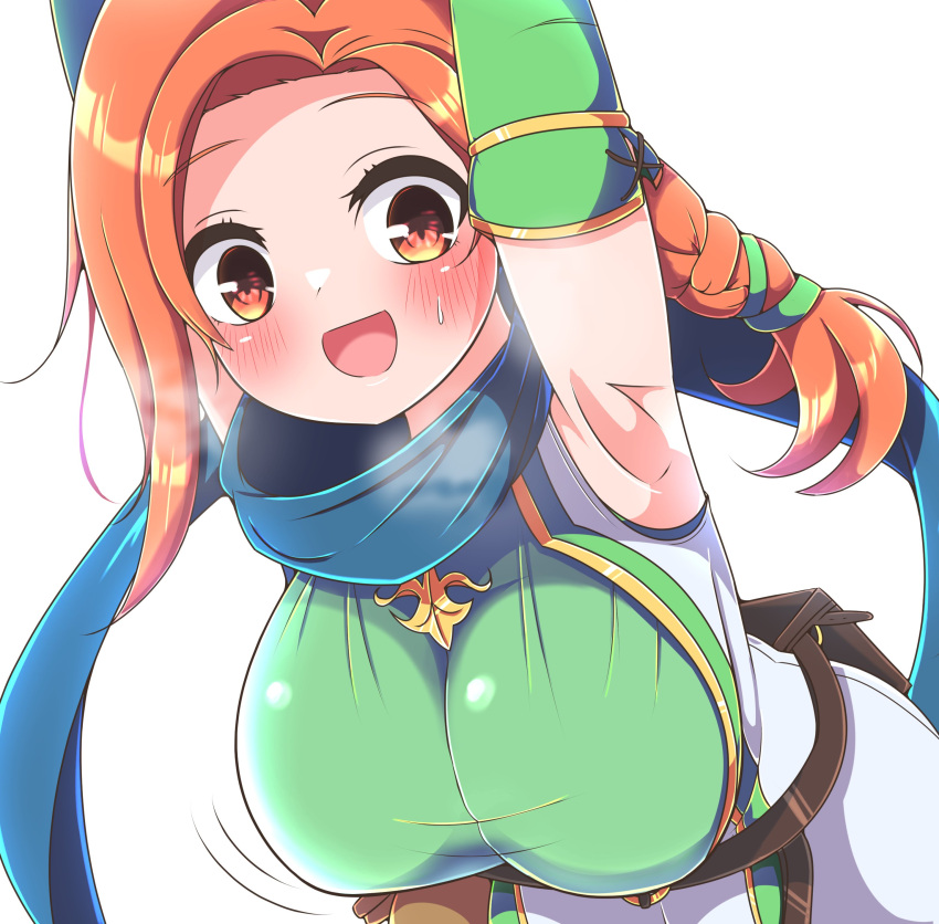 1girl absurdres armpits asage_(asgsn) asymmetrical_bangs bag bangs blush breasts cath_(fire_emblem) fire_emblem fire_emblem:_the_binding_blade heavy_breathing highres large_breasts leather_belt looking_at_viewer motion_lines open_mouth orange_eyes orange_hair ponytail satchel scarf solo upper_body