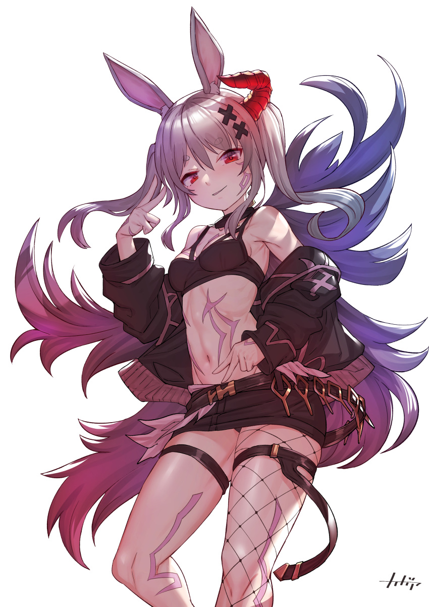 1girl absurdres animal_ears armpit_crease arpeggio_kaga bare_shoulders black_choker black_jacket black_skirt breasts choker cowboy_shot crop_top dark_persona feather_boa fishnet_legwear fishnets forbidden_alter_ego_(granblue_fantasy) granblue_fantasy grey_hair hair_ornament highres hololive horns jacket long_hair long_sleeves looking_at_viewer medium_breasts midriff miniskirt navel off_shoulder open_clothes open_jacket rabbit_ears red_eyes single_horn skirt sleeveless smile solo spaghetti_strap stomach stomach_tattoo tattoo thigh_strap thighs twintails usada_pekora virtual_youtuber x_hair_ornament