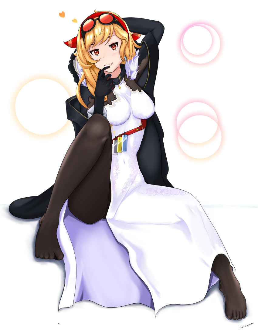 1girl absurdres arm_up bangs black_gloves black_jacket blonde_hair breasts brown_legwear dress earrings eyewear_on_head gloves highres hololive hololive_indonesia jacket jewelry kaela_kovalskia large_breasts legs_apart long_sleeves looking_at_viewer medium_hair open_clothes open_jacket pantyhose parted_lips red_eyes ribbon sitting smile solo sunglasses trolllogicworks virtual_youtuber white_background white_dress