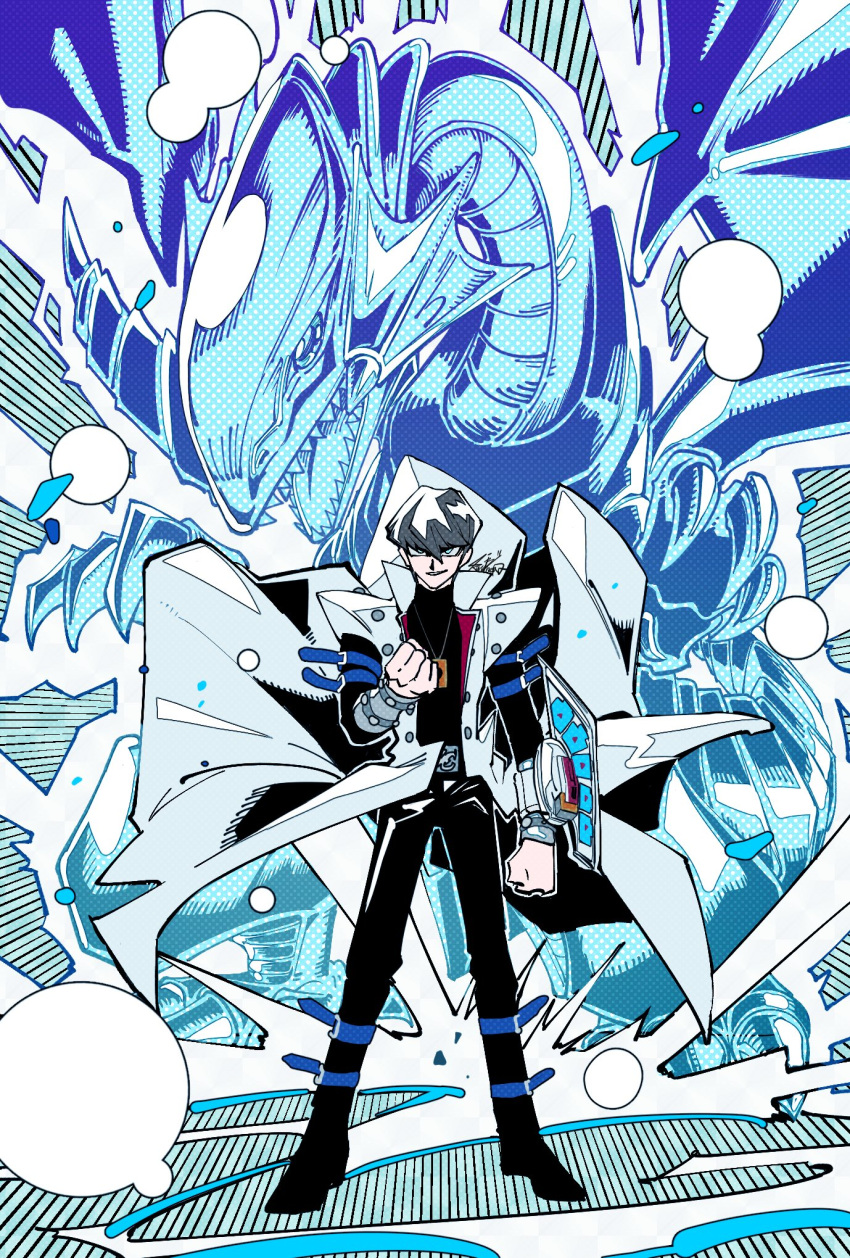 1boy belt_buckle black_pants black_shirt blue-eyes_white_dragon buckle buttons clenched_hands coat commentary_request duel_disk duel_monster full_body grey_hair highres jewelry kaiba_seto looking_at_viewer male_focus necklace open_clothes open_coat pants parted_lips sakaikurinea shiny shiny_hair shirt short_hair smile standing strap white_coat yu-gi-oh!