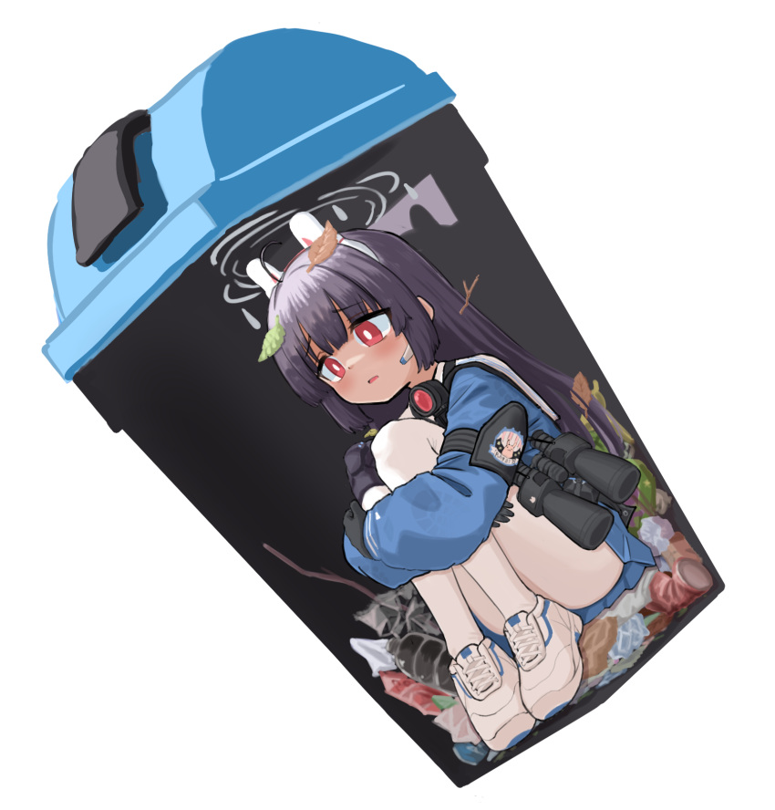 1girl animal_ears bangs binoculars black_gloves black_hair blue_archive blue_serafuku blue_shirt blue_skirt blunt_bangs blush bottle bright_pupils can commentary dutch_angle eyebrows_visible_through_hair fake_animal_ears flashlight fox_(tjwls66) gloves halo headset highres hime_cut hugging_own_legs in_container jacket knee_pads leaf leaf_on_head long_hair long_sleeves miyu_(blue_archive) pantyhose parted_lips rabbit_ears raised_eyebrows red_eyes sailor_collar school_uniform serafuku shirt shoes simple_background sitting skirt sneakers solo stick trash trash_can white_background white_footwear white_legwear white_pupils white_sailor_collar