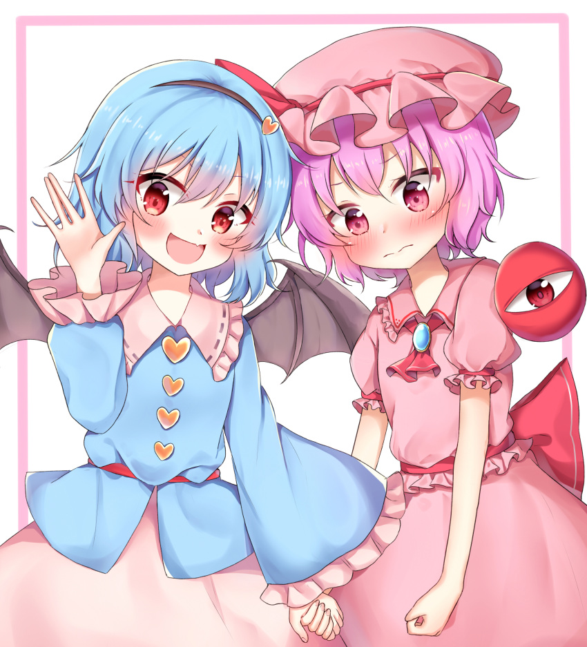 2girls :d ascot bangs bat_wings black_hairband blue_hair blue_shirt blush closed_mouth cosplay costume_switch hairband hanen_(borry) hat hat_ribbon heart highres holding_hands komeiji_satori looking_at_viewer mob_cap multiple_girls open_mouth pink_hair pink_headwear pink_shirt pink_skirt red_ascot red_eyes red_ribbon remilia_scarlet ribbon shirt short_hair short_sleeves skirt smile standing third_eye touhou white_background wings