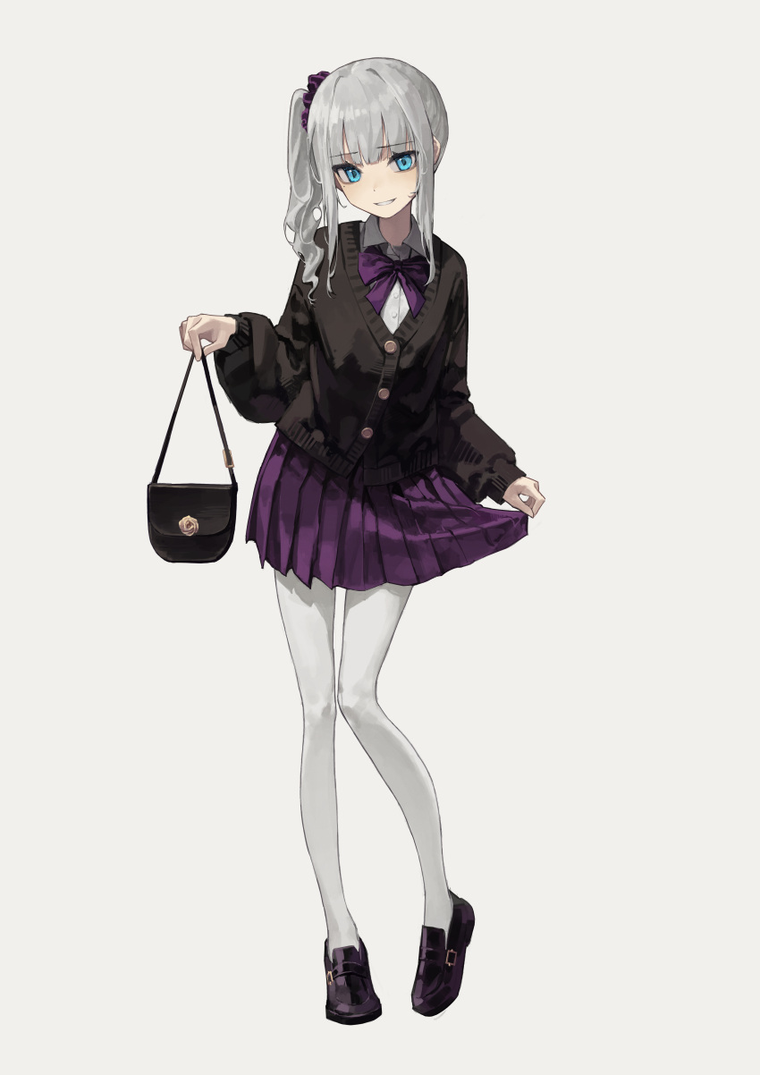 1girl absurdres bag bangs black_cardigan black_footwear blue_eyes bow bowtie cardigan collared_shirt commentary eyebrows_visible_through_hair grey_background grey_hair handbag highres holding holding_bag loafers long_hair long_sleeves looking_at_viewer original pantyhose parted_lips pleated_skirt purple_bow purple_bowtie purple_skirt school_uniform shirt shoes side_ponytail simple_background skirt solo white_legwear white_shirt yoon_cook