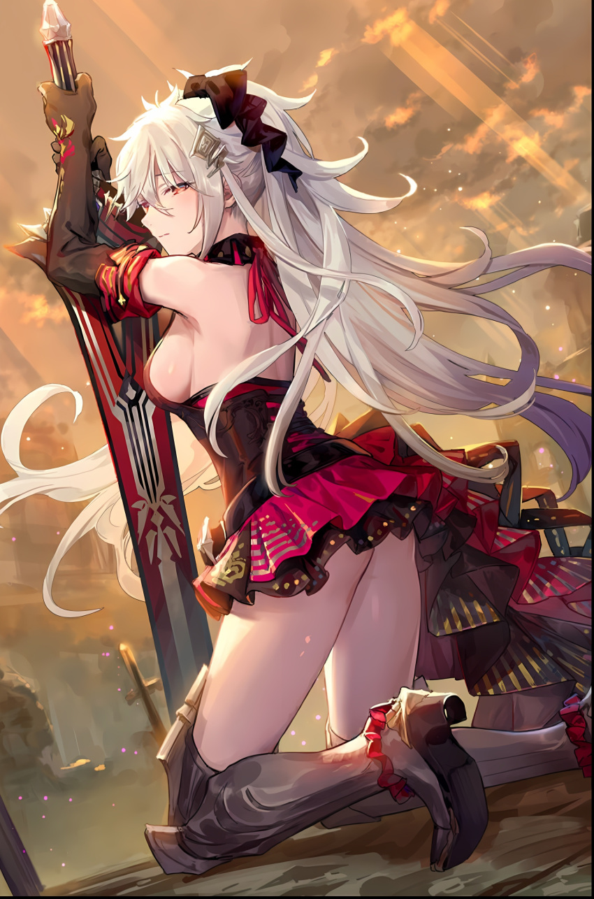 absurdres antares_(evertale) breasts evertale highres looking_at_viewer miniskirt seiza sideboob sitting skirt solo sword weapon white_hair yellow_eyes