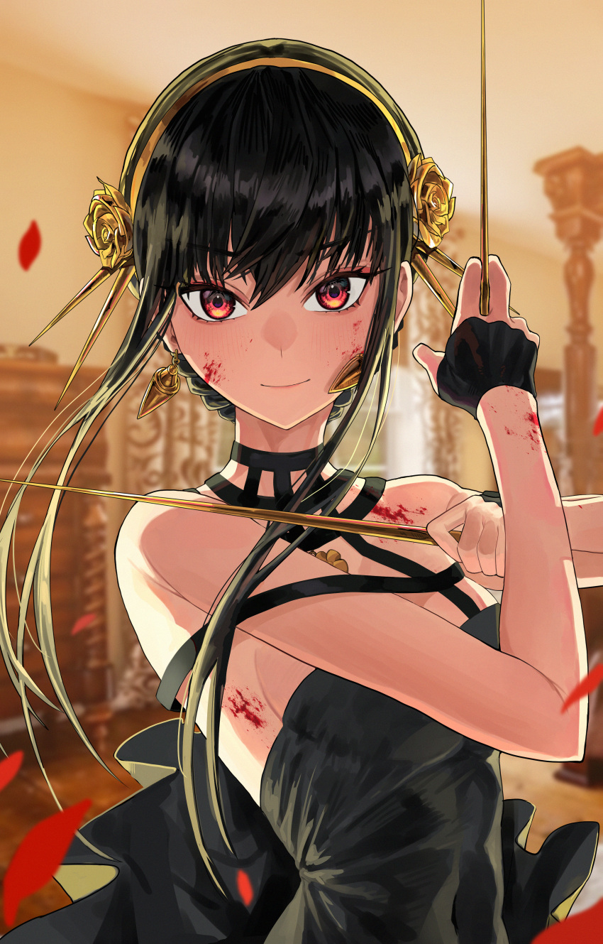 1girl absurdres bangs black_dress black_hair blood blood_on_arm blood_on_face breasts closed_mouth dagger dress dual_wielding earrings eungi eyebrows_visible_through_hair gold_hairband hair_bun hands_up highres holding holding_dagger holding_weapon jewelry knife long_hair looking_at_viewer red_eyes sidelocks sleeveless sleeveless_dress smile solo spy_x_family upper_body weapon yor_briar