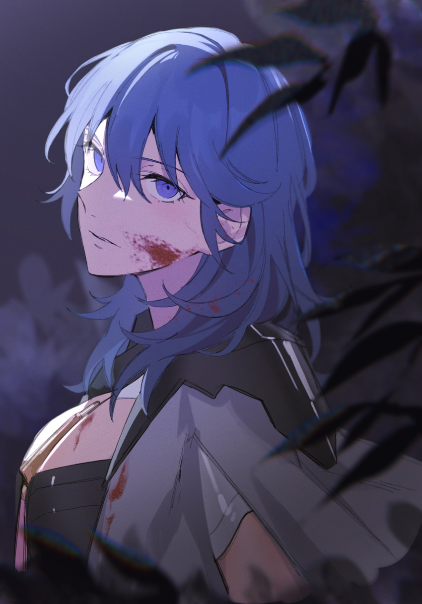 1girl bangs black_coat blood blue_eyes blue_hair breasts bustier byleth_(fire_emblem) byleth_eisner_(female) cape closed_mouth coat fire_emblem fire_emblem:_three_houses fire_emblem_warriors fire_emblem_warriors:_three_hopes highres large_breasts long_hair looking_at_viewer medium_hair night simple_background solo toho10min