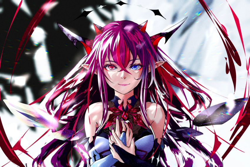 +_+ 1girl absurdres bangs bare_shoulders black_hair blurry blurry_background breasts bridal_gauntlets closed_mouth crystal demon_girl demon_horns detached_wings elbow_gloves gloves hair_between_eyes halo heterochromia highres hololive hololive_english horns irys_(hololive) long_hair looking_at_viewer medium_breasts mini_wings multicolored_hair multiple_horns nail_polish pointy_ears see-through solo star_(symbol) symbol-shaped_pupils tanikku upper_body very_long_hair wings