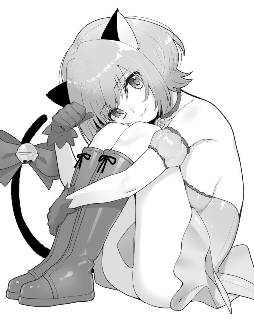 1girl animal_ears bell boots bow breasts cat_ears cat_tail closed_mouth detached_sleeves dress greyscale head_tilt highres hugging_own_legs jingle_bell looking_at_viewer medium_breasts medium_hair momomiya_ichigo monochrome ohlia paw_pose puffy_detached_sleeves puffy_short_sleeves puffy_sleeves short_dress short_sleeves sideboob simple_background smile solo strapless strapless_dress tail tail_bell tail_bow tail_ornament tail_raised tokyo_mew_mew white_background