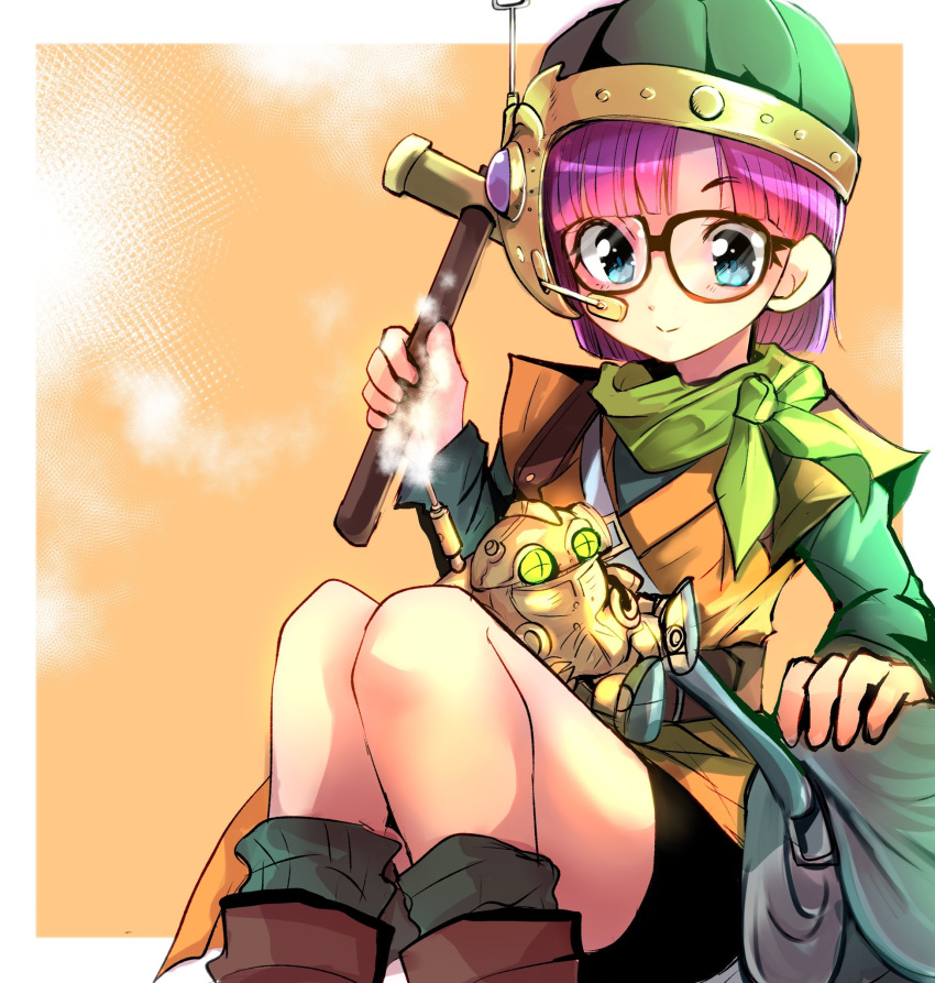 1girl any813 bag belt bike_shorts blue_eyes chrono_trigger closed_mouth glasses hammer helmet highres looking_at_viewer lucca_ashtear purple_hair robo_(chrono_trigger) robot scarf short_hair simple_background smile solo
