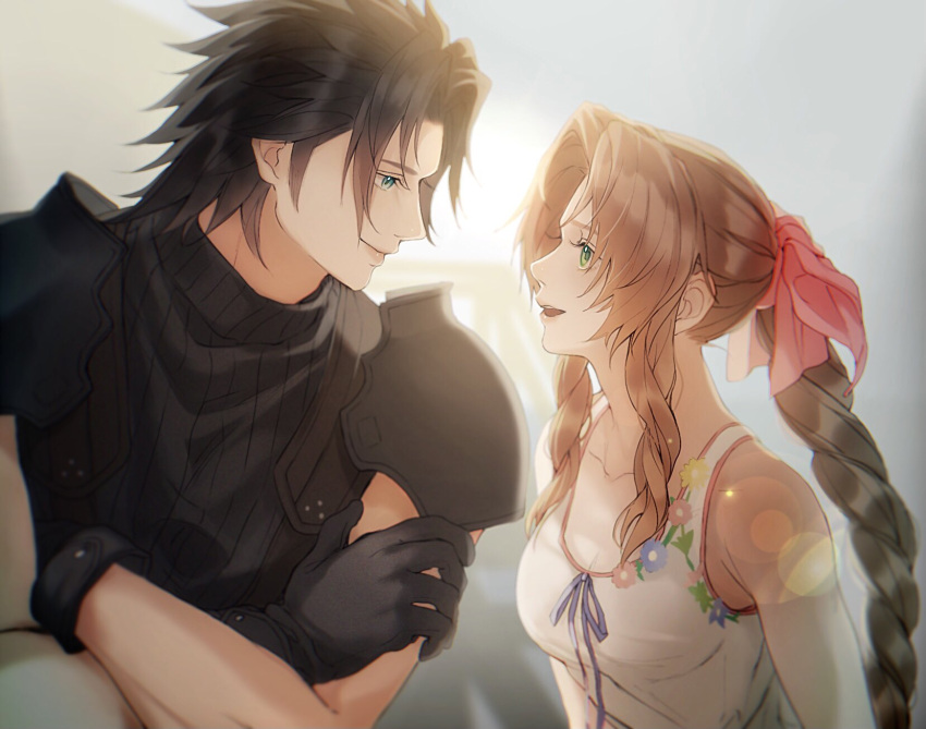 0_ejb 1boy 1girl aerith_gainsborough armor bangs bare_arms black_hair blue_eyes blue_shirt bow braid braided_ponytail breasts brown_hair collarbone crisis_core_final_fantasy_vii crossed_arms dress final_fantasy final_fantasy_vii gloves green_eyes hair_bow highres medium_breasts open_mouth parted_bangs shirt shoulder_armor sidelocks sleeveless sleeveless_turtleneck smile suspenders turtleneck upper_body white_dress zack_fair