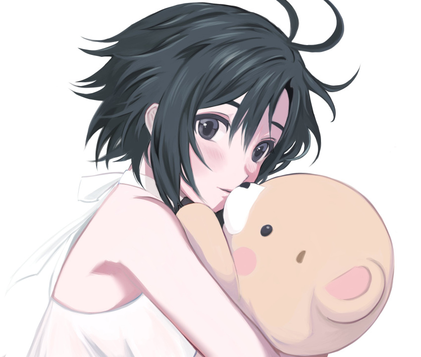 1girl antenna_hair bangs bare_arms bare_shoulders black_eyes black_hair blush blush_stickers close-up closed_mouth dress expressionless hair_between_eyes halterneck hd_(sw4189101) highres holding holding_stuffed_toy idolmaster kikuchi_makoto looking_at_viewer object_hug portrait short_hair simple_background sleeveless sleeveless_dress solo stuffed_animal stuffed_toy sundress teddy_bear upper_body white_background white_dress