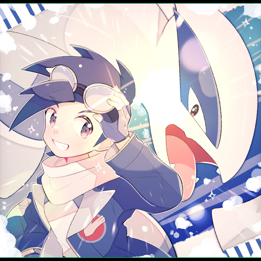 1boy adjusting_goggles bangs black_hair blue_jacket commentary_request ethan_(pokemon) fingerless_gloves gloves goggles goggles_on_head grin hand_up highres jacket kinu_(kinuhoshizora21) lugia male_focus official_alternate_costume outline pokemon pokemon_(creature) pokemon_(game) pokemon_masters_ex scarf shirt short_hair smile teeth white_scarf white_shirt