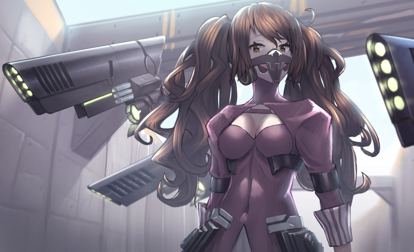 1girl arms_at_sides brown_eyes brown_hair commentary_request covered_navel girls_frontline highres hispol_(04-uma-alpha) juliet_sleeves long_hair long_sleeves mask puffy_sleeves respirator sangvis_ferri scarecrow_(girls'_frontline) solo twintails
