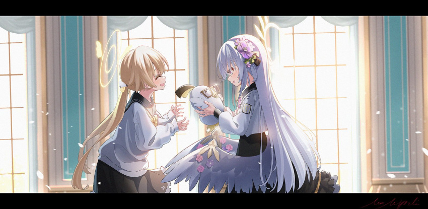 2girls angel_wings azusa_(blue_archive) bangs black_dress blue_archive blue_sailor_collar blush cardigan dress feathered_wings flower frilled_legwear frilled_skirt frills hair_between_eyes hair_flaps hair_flower hair_ornament halo hifumi_(blue_archive) highres holding holding_stuffed_toy jacket light_brown_hair long_hair low_twintails miyoshi_nao_(miyoshist) multiple_girls peroro_(blue_archive) pleated_skirt sailor_collar school_uniform silver_hair skirt stuffed_animal stuffed_toy twintails violet_eyes white_cardigan white_jacket white_wings wings yellow_eyes