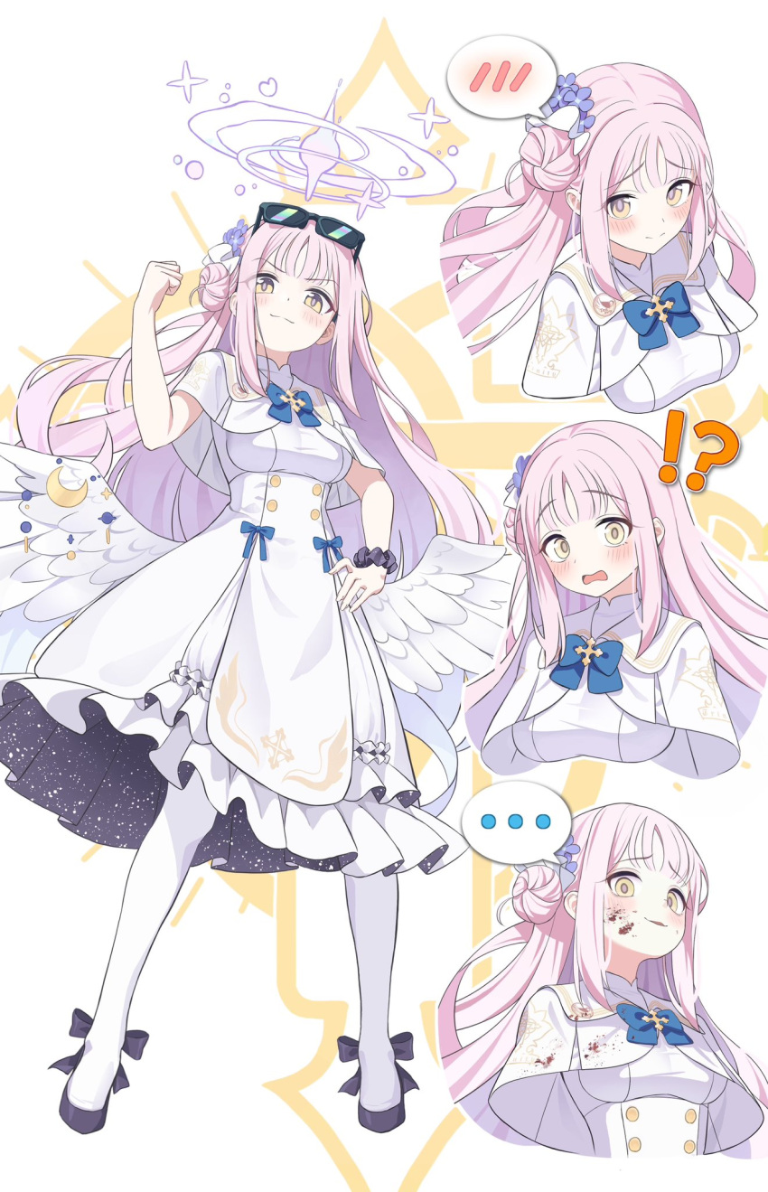 1girl angel_wings blue_archive blush capelet closed_mouth dress feathered_wings hair_bun halo highres long_hair mika_(blue_archive) multiple_views nashi_(nashipple1) open_mouth pink_hair pink_halo single_side_bun white_capelet white_dress white_wings wings yellow_eyes
