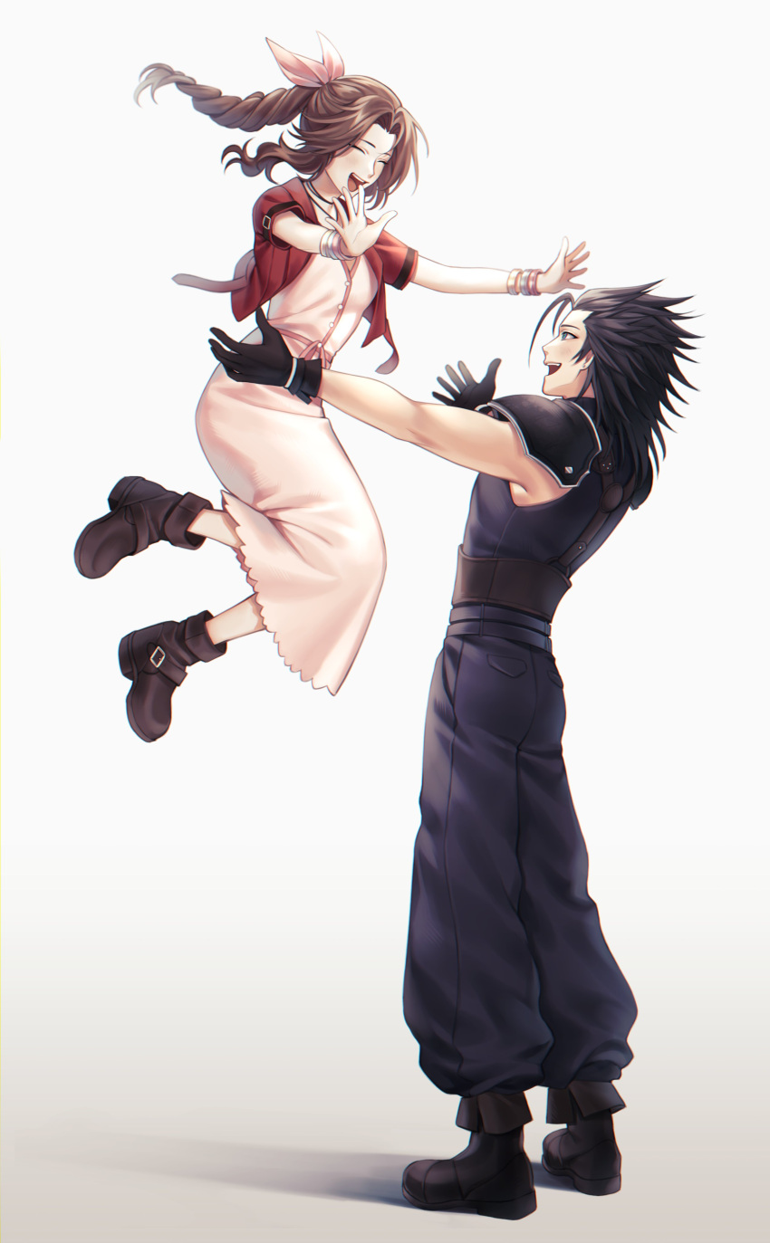 1boy 1girl absurdres aerith_gainsborough armor black_gloves black_hair blush boots bracelet braid braided_ponytail brown_hair couple dress final_fantasy final_fantasy_vii final_fantasy_vii_remake full_body gloves hair_ribbon happy highres jacket jewelry jumping long_hair montaro open_mouth outstretched_arms red_jacket ribbon shoulder_armor single_braid spiky_hair spread_arms zack_fair