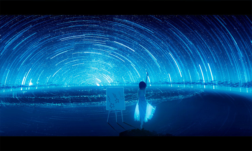 1girl arm_up beach blue_theme canvas_(object) chocoshi dress easel facing_away from_behind holding holding_paintbrush letterboxed light_particles ocean original outdoors paintbrush painting_(object) scenery see-through_silhouette short_hair sky solo standing star_(sky) star_(symbol) star_trail starry_sky sundress