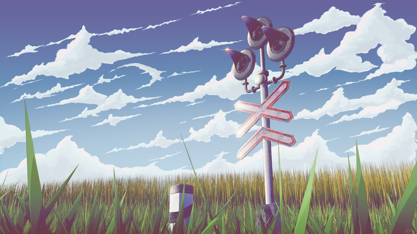 blue_sky clouds day grass highres mb0sco mixed-language_commentary nature no_humans original outdoors railroad_crossing scenery sky