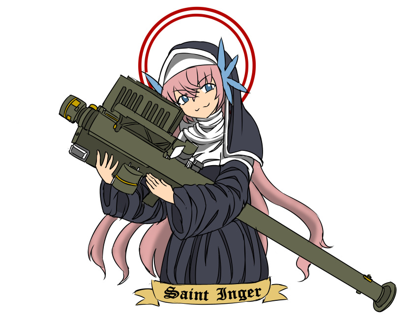 1girl absurdres banner blue_eyes deculture eyebrows_visible_through_hair fim-92_stinger habit hair_ornament halo head_tilt highres holding holding_weapon long_hair non-web_source nun original pink_hair rocket_launcher russo-ukrainian_war saint_inger simple_background smile weapon