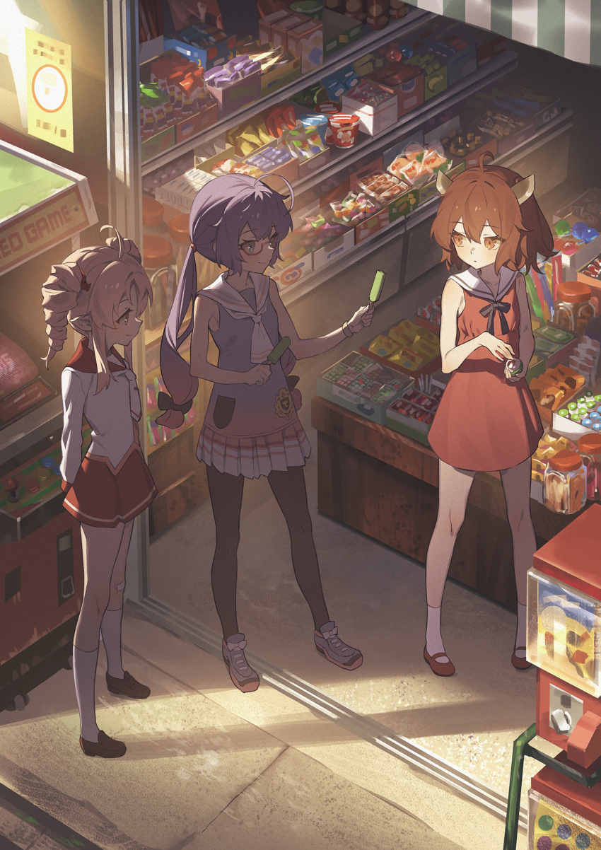 3girls ahoge arcade_cabinet arms_behind_back black_legwear black_ribbon blue_eyes brown_eyes brown_hair candy collar collared_dress dress drill_hair food from_above gacha gachapon_(object) headgear highres holding holding_food holding_toy long_hair long_sleeves low_twintails miniskirt multiple_girls neck_ribbon neckerchief otomachi_una pantyhose platinum_blonde_hair pleated_skirt pointy_ears purple_dress purple_hair red-framed_eyewear red_collar red_dress red_skirt ribbon sailor_collar school_uniform semi-rimless_eyewear shirt shoes shop short_hair skirt sleeveless sleeveless_dress sneakers talkex touhoku_kiritan toy tsuina-chan twin_drills twintails vending_machine vocaloid voiceroid white_collar white_neckerchief white_shirt yamamomo_(plank) yellow_eyes
