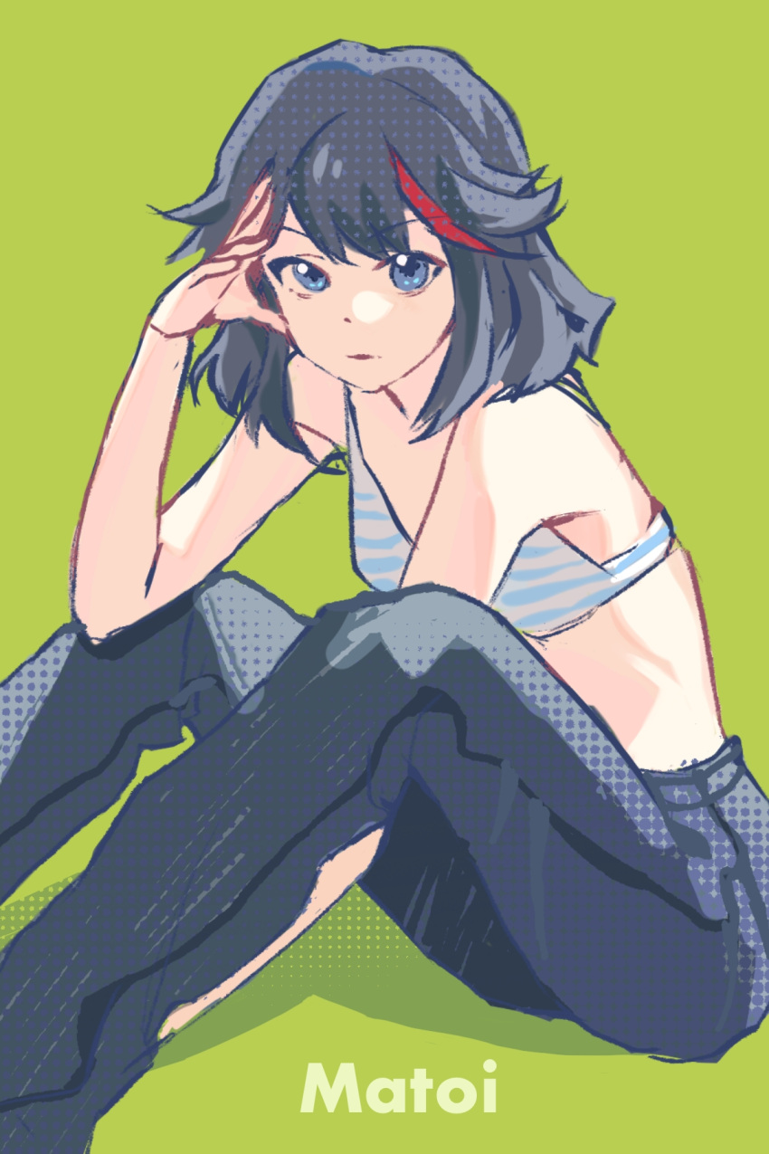 1girl bangs bare_shoulders beishang_zha_yu between_legs black_hair black_pants blue_bra blue_eyes bob_cut bra breasts chinese_commentary elbow_rest feet_out_of_frame green_background halftone halftone_texture hand_between_legs hand_on_own_head highres kill_la_kill knees_up looking_at_viewer matoi_ryuuko midriff multicolored_hair no_shirt on_ground pants redhead shadow short_hair simple_background sitting small_breasts solo streaked_hair striped striped_bra two-tone_bra underwear white_bra