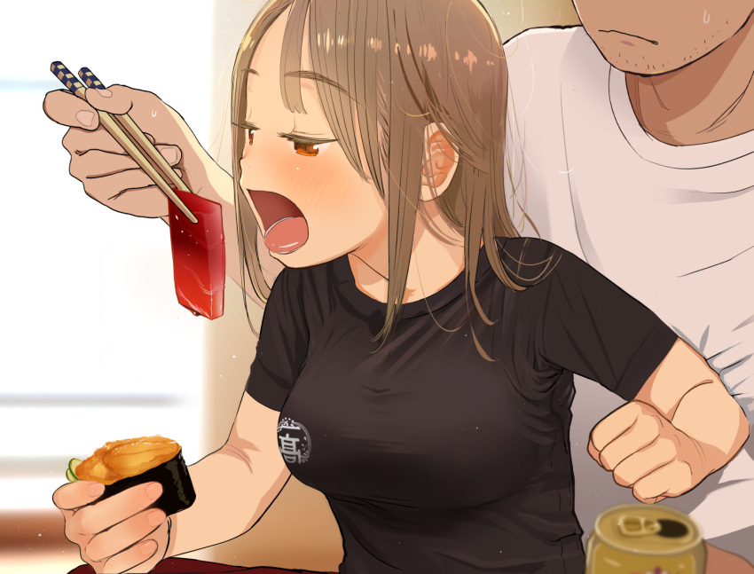1boy 1girl banned_artist beer_can black_shirt breasts brown_hair can chopsticks closed_mouth feeding food half-closed_eyes hetero holding holding_chopsticks holding_food large_breasts long_hair masuda_(yousaytwosin) open_mouth orange_eyes original shirt short_sleeves sitting sitting_on_lap sitting_on_person solo_focus sushi tongue tongue_out white_shirt